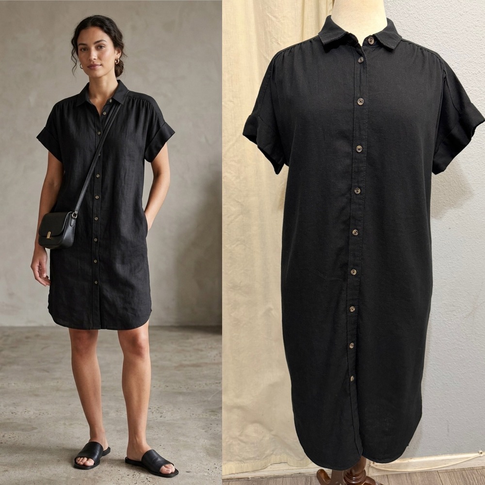 Linen Blend Minimalist Shirt Dress M Black Short Sleeve Button Down Pockets